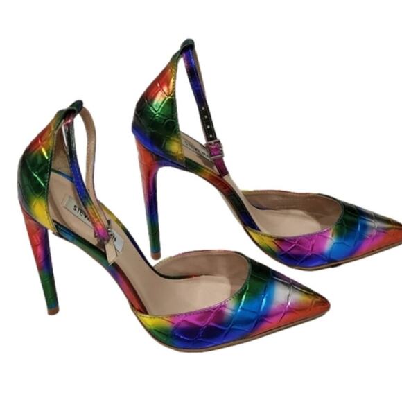 Steve Madden Rainbow Iridescent Pointed Ankle Strap Heels Pumps Women's Size 6 - Picture 3 of 8
